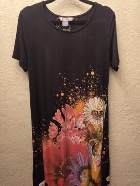 Desigual Floral Tee Dress XL Artsy Boho Stretch Midi Dress